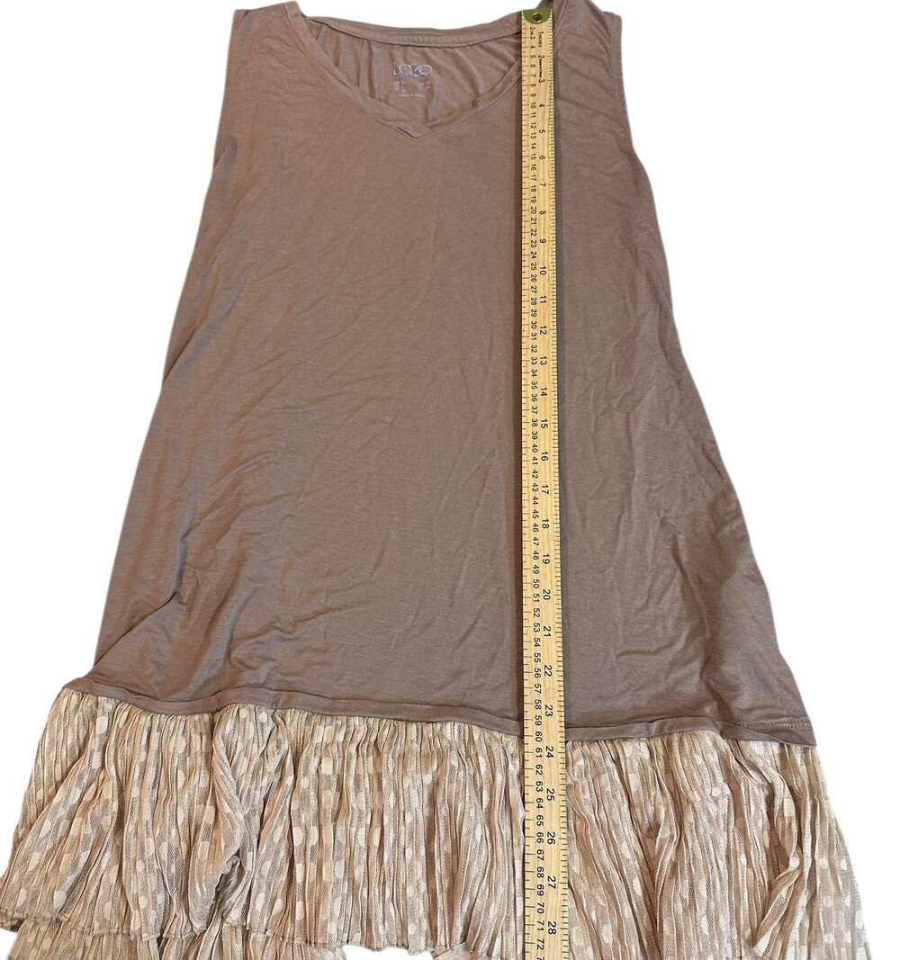 LOGO Lori Goldstein Taupe Sleeveless Tunic dress , Large Ruffle Hem V Neck - Picture 4 of 5